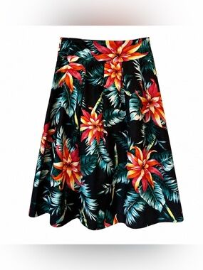 Vintage Tropical Floral Midi Skirt Black Hibiscus Resort Vacation S